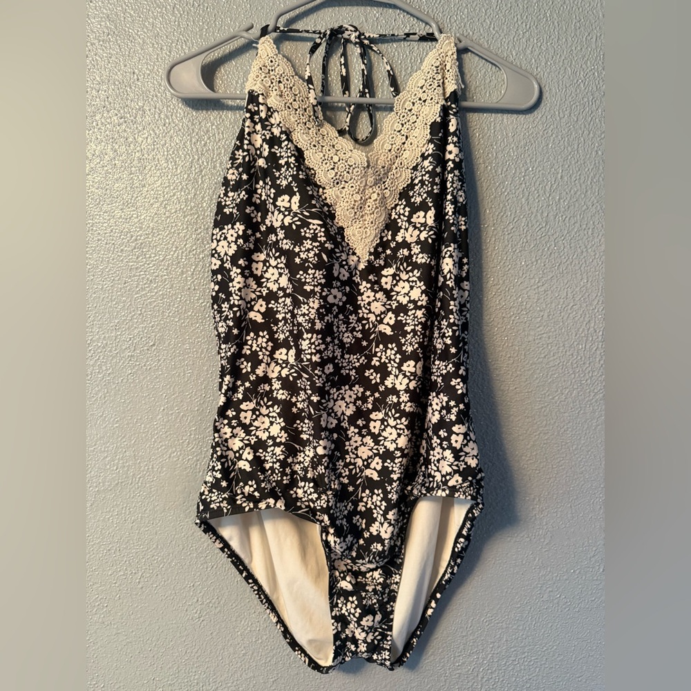 Lauren Conrad Black Floral One-piece Swimsuit